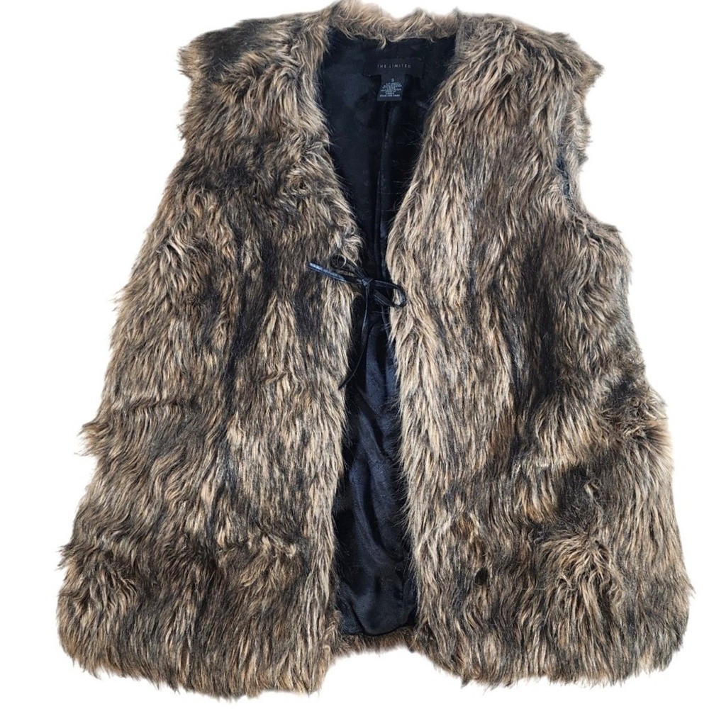 The Limited Faux Fur Vest‎ Women's Small Brown Black Tie Closure Sleeveless